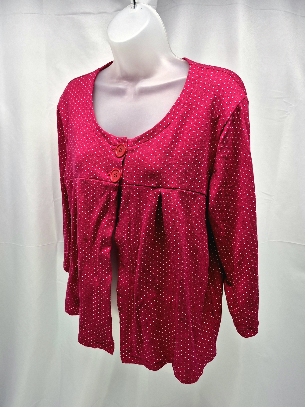 Cato Fashions Magenta Pink Polka Dot Pleated Scoop Neck Top XL 3/4 Sleeve XL